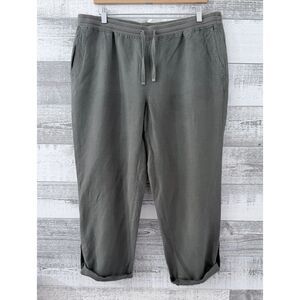 J Jill  Linen Blend Roll Tab Pull On Crop Pants Olive Green Pockets Womens Sz L